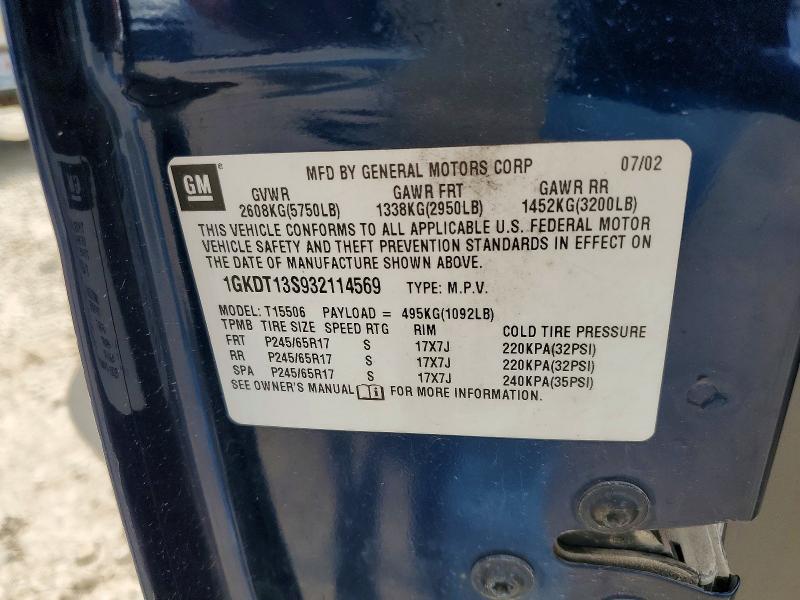 2003 Gmc Envoy მანქანა იყიდება აუქციონზე, vin: 1GKDT13S932114569, აუქციონის ნომერი: 50114276