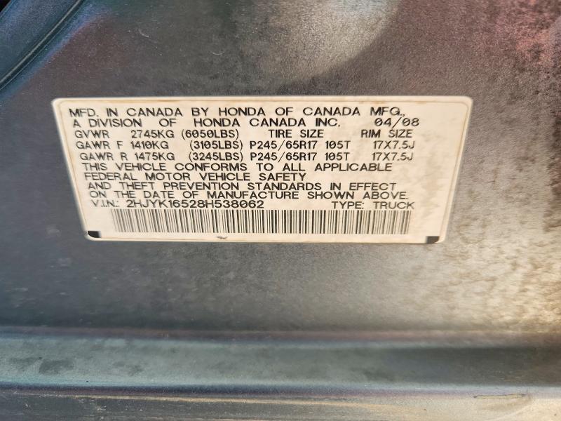 51859526 :رقم المزاد ، 2HJYK16528H538062 vin ، 2008 Honda Ridgeline مزاد بيع
