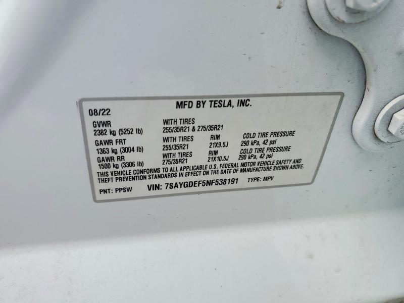 50975046 :رقم المزاد ، 7SAYGDEF5NF538191 vin ، 2022 Tesla Model Y مزاد بيع
