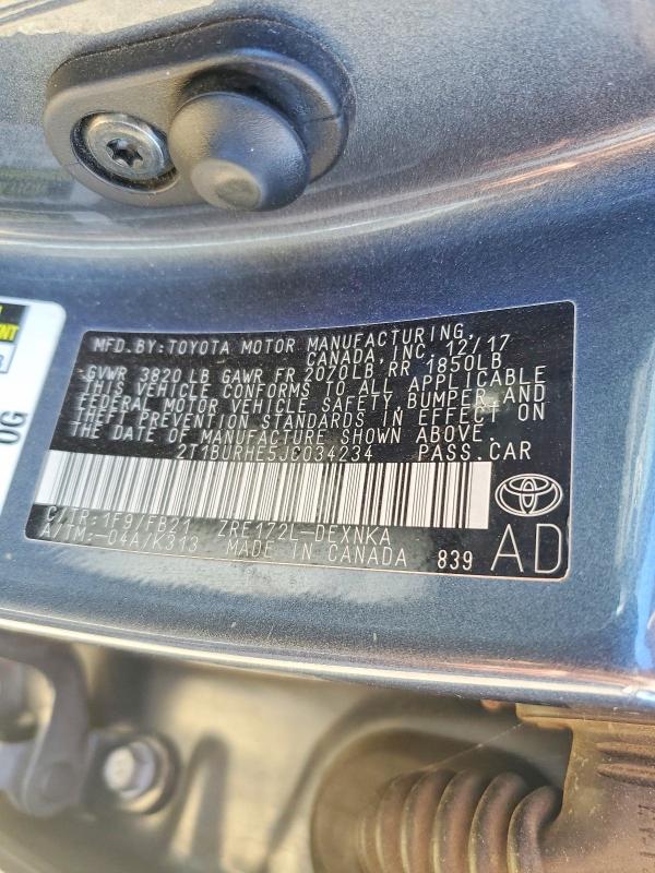 Продажа на аукционе авто 2018 Toyota Corolla, vin: 2T1BURHE5JC034234, номер лота: 49881126