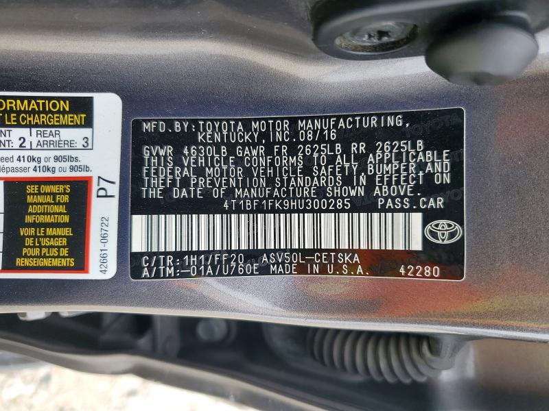 Продаж на аукціоні авто 2017 Toyota Camry, vin: 4T1BF1FK9HU300285, номер лоту: 50757736