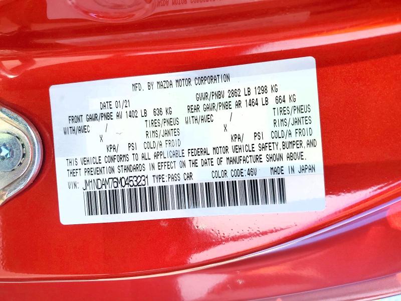 2021 Mazda Mx-5 Miata მანქანა იყიდება აუქციონზე, vin: JM1NDAM76M0453231, აუქციონის ნომერი: 49622286