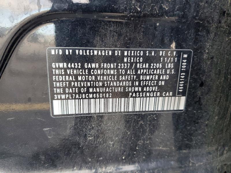 50017876 :رقم المزاد ، 3VWPL7AJ8CM650182 vin ، 2012 Volkswagen Jetta مزاد بيع