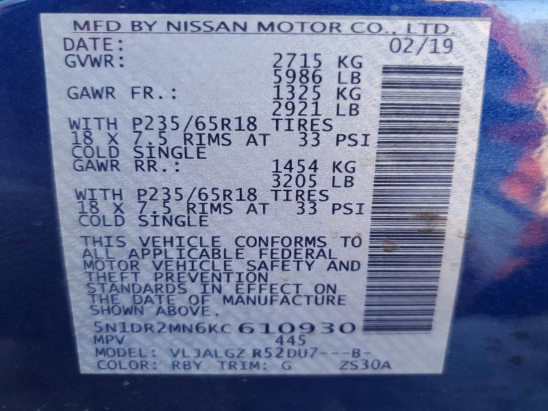 Aukcja sprzedaży 2019 Nissan Pathfinder, vin: 5N1DR2MN6KC610930, numer aukcji: 50094816