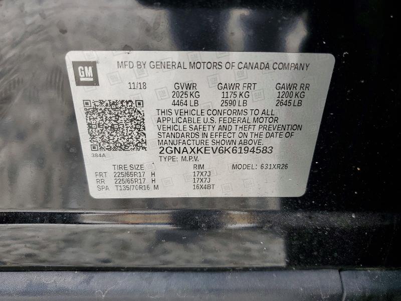 48197016 :رقم المزاد ، 2GNAXKEV6K6194583 vin ، 2019 Chevrolet Equinox مزاد بيع