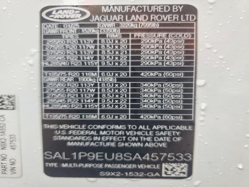 2025 Land Rover Range Rover Sport მანქანა იყიდება აუქციონზე, vin: SAL1P9EU8SA457533, აუქციონის ნომერი: 50608386