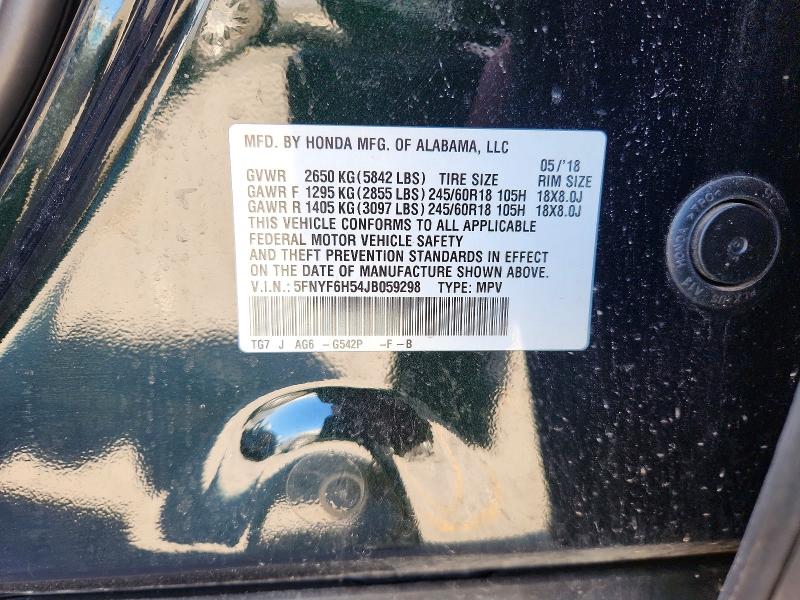 Продаж на аукціоні авто 2018 Honda Pilot, vin: 5FNYF6H54JB059298, номер лоту: 50489846