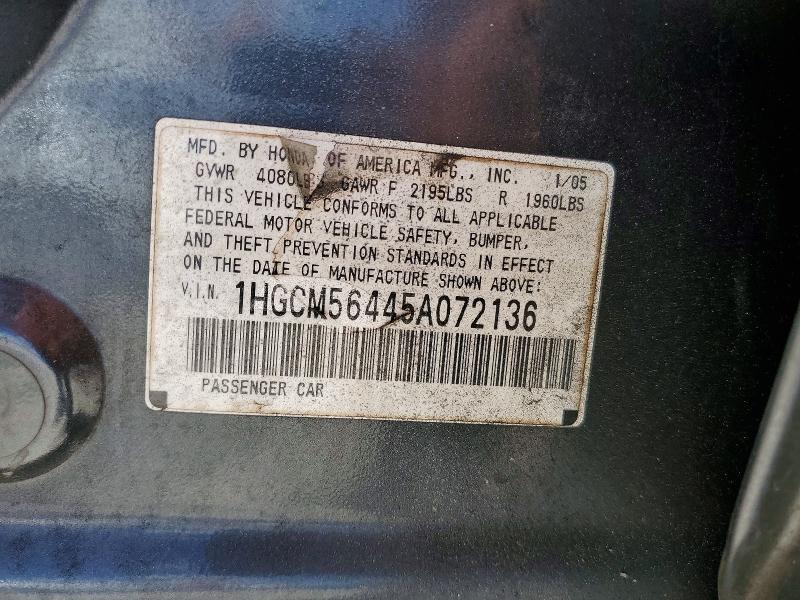 Aukcja sprzedaży 2005 Honda Accord, vin: 1HGCM56445A072136, numer aukcji: 50434326