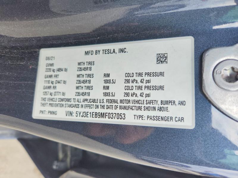 Продажа на аукционе авто 2021 Tesla Model 3, vin: 5YJ3E1EB9MF037053, номер лота: 51273346