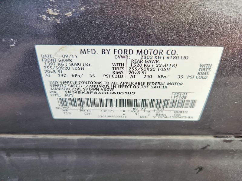 2016 Ford Explorer მანქანა იყიდება აუქციონზე, vin: 1FM5K8F83GGA88163, აუქციონის ნომერი: 49612636