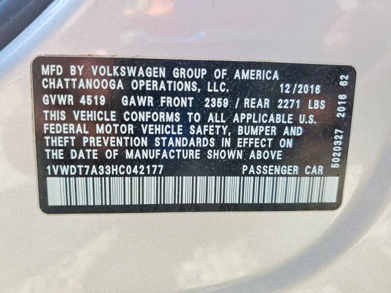 Aukcja sprzedaży 2017 Volkswagen Passat, vin: 1VWDT7A33HC042177, numer aukcji: 50237956