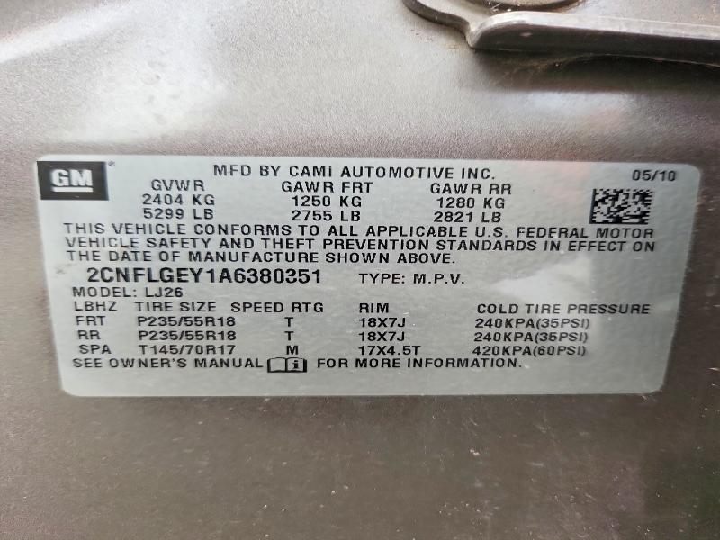 2010 Chevrolet Equinox მანქანა იყიდება აუქციონზე, vin: 2CNFLGEY1A6380351, აუქციონის ნომერი: 50357916