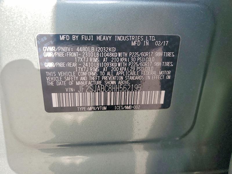 50552766 :رقم المزاد ، JF2SJABC8HH562195 vin ، 2017 Subaru Forester مزاد بيع