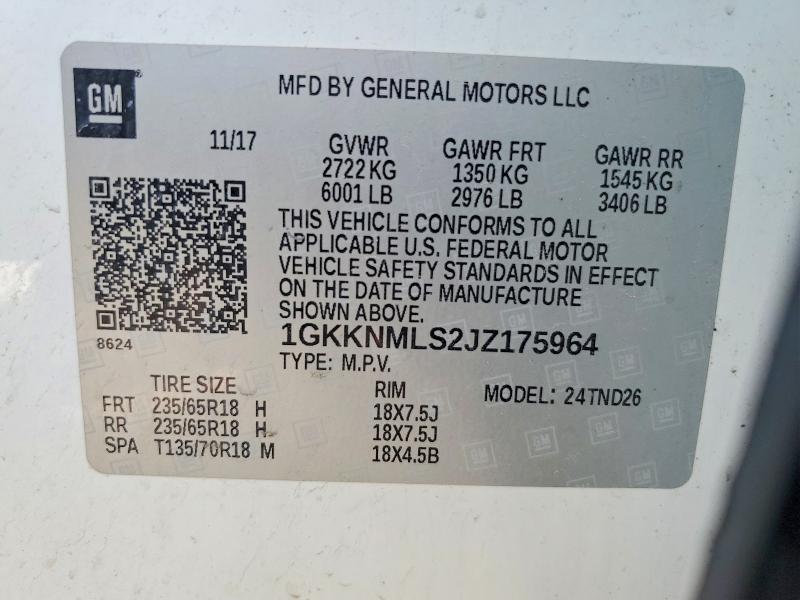 49106426 :رقم المزاد ، 1GKKNMLS2JZ175964 vin ، 2018 Gmc Acadia مزاد بيع