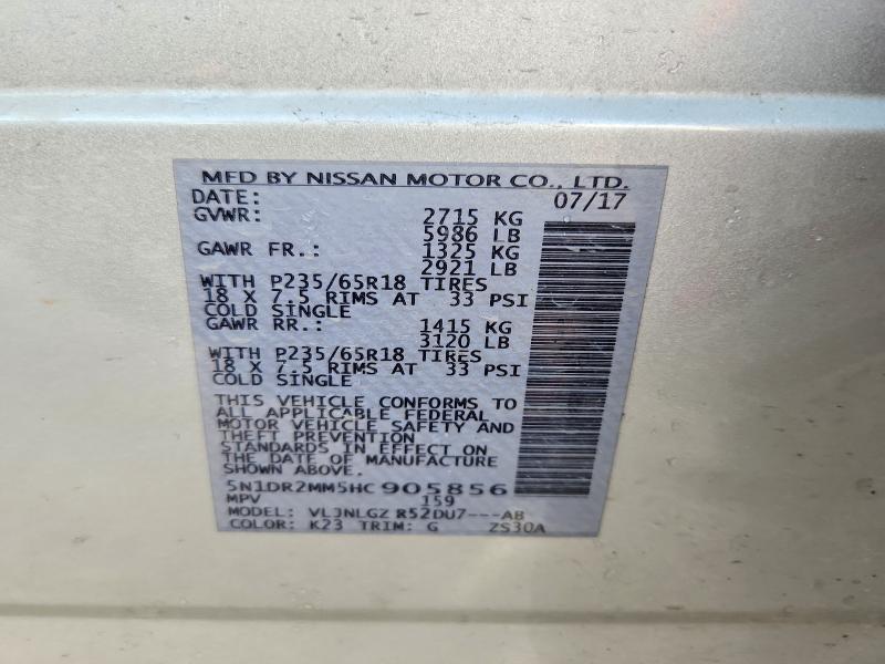 50996276 :رقم المزاد ، 5N1DR2MM5HC905856 vin ، 2017 Nissan Pathfinder مزاد بيع