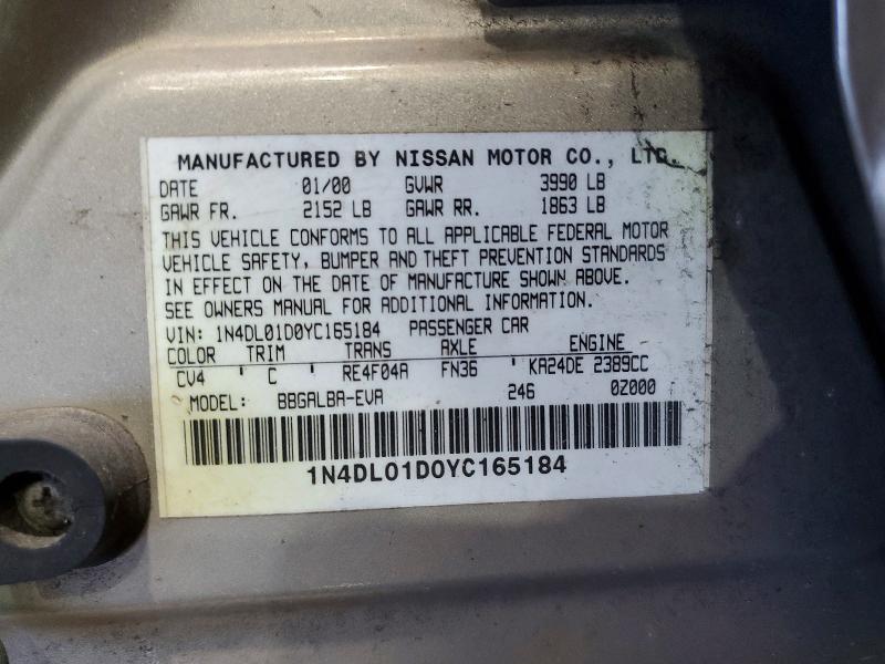 2000 Nissan Altima მანქანა იყიდება აუქციონზე, vin: 1N4DL01D0YC165184, აუქციონის ნომერი: 50413466