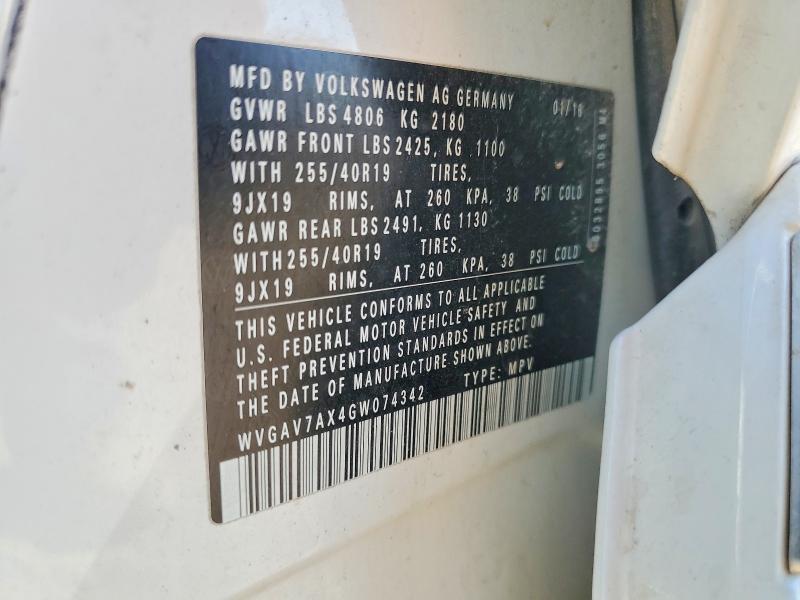 49825496 :رقم المزاد ، WVGAV7AX4GW074342 vin ، 2016 Volkswagen Tiguan مزاد بيع