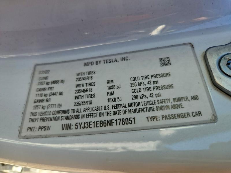 Aukcja sprzedaży 2022 Tesla Model 3, vin: 5YJ3E1EB6NF178051, numer aukcji: 48692846