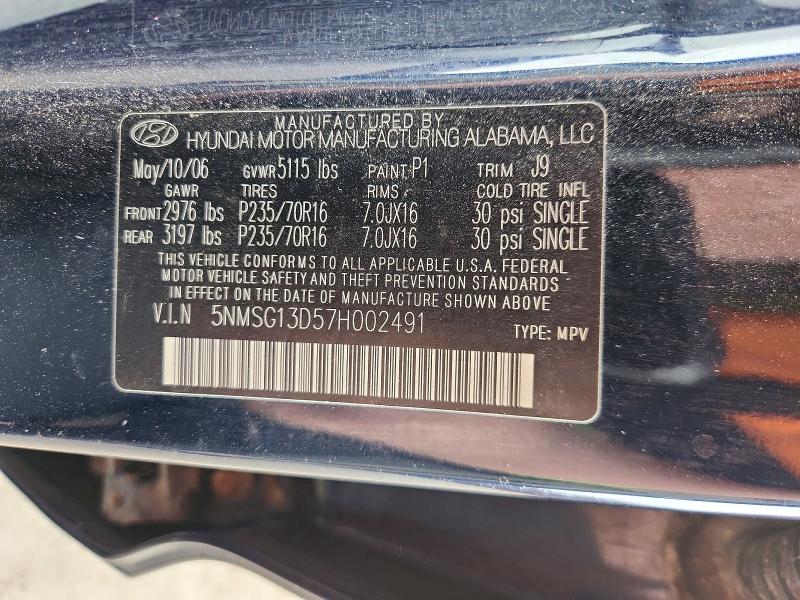 Auction sale of the 2007 Hyundai Santa Fe, vin: 5NMSG13D57H002491, lot number: 50106536