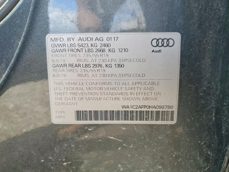 2017 Audi Q5 მანქანა იყიდება აუქციონზე, vin: WA1C2AFP0HA098786, აუქციონის ნომერი: 50070966