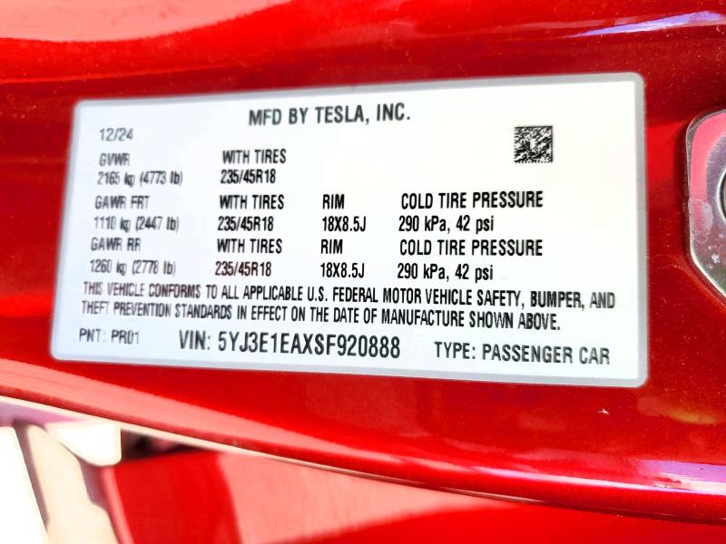 Продаж на аукціоні авто 2025 Tesla Model 3, vin: 5YJ3E1EAXSF920888, номер лоту: 49662916