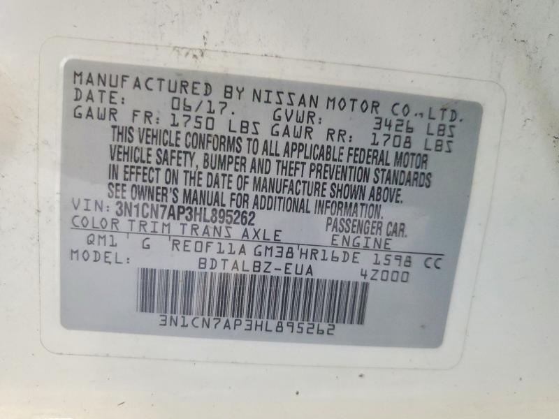 2017 Nissan Versa მანქანა იყიდება აუქციონზე, vin: 3N1CN7AP3HL895262, აუქციონის ნომერი: 48834096