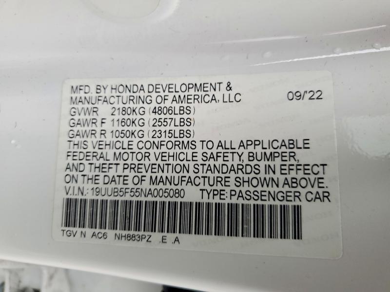 51661326 :رقم المزاد ، 19UUB5F55NA005080 vin ، 2022 Acura Tlx مزاد بيع