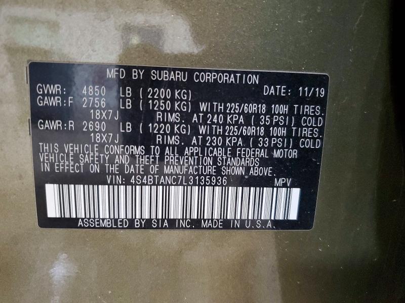 49009096 :رقم المزاد ، 4S4BTANC7L3135936 vin ، 2020 Subaru Outback مزاد بيع