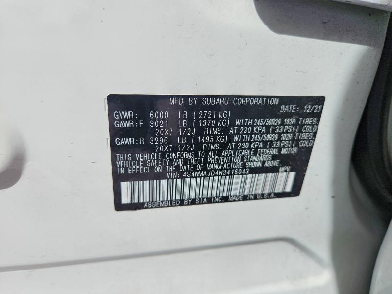 49777016 :رقم المزاد ، 4S4WMAJD4N3416043 vin ، 2022 Subaru Ascent مزاد بيع