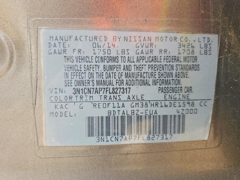 50418076 :رقم المزاد ، 3N1CN7AP7FL827317 vin ، 2015 Nissan Versa مزاد بيع