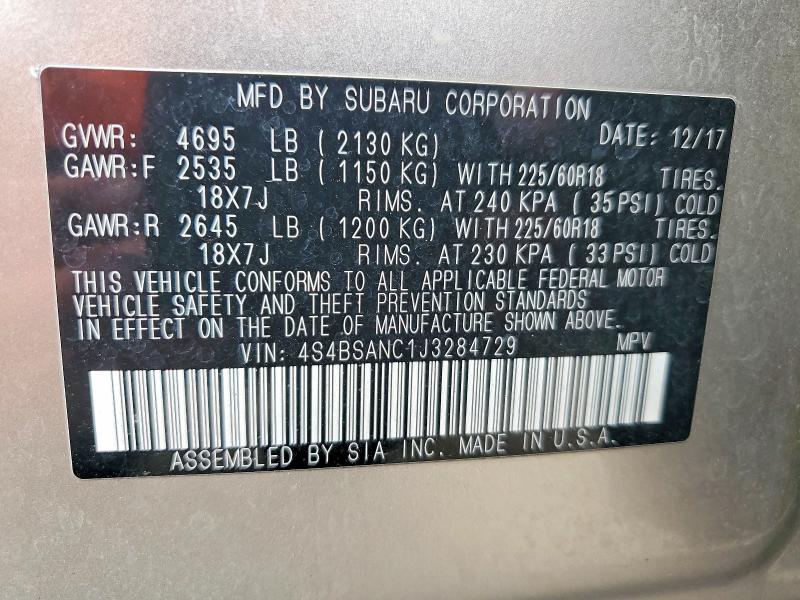 Aukcja sprzedaży 2018 Subaru Outback, vin: 4S4BSANC1J3284729, numer aukcji: 48775106