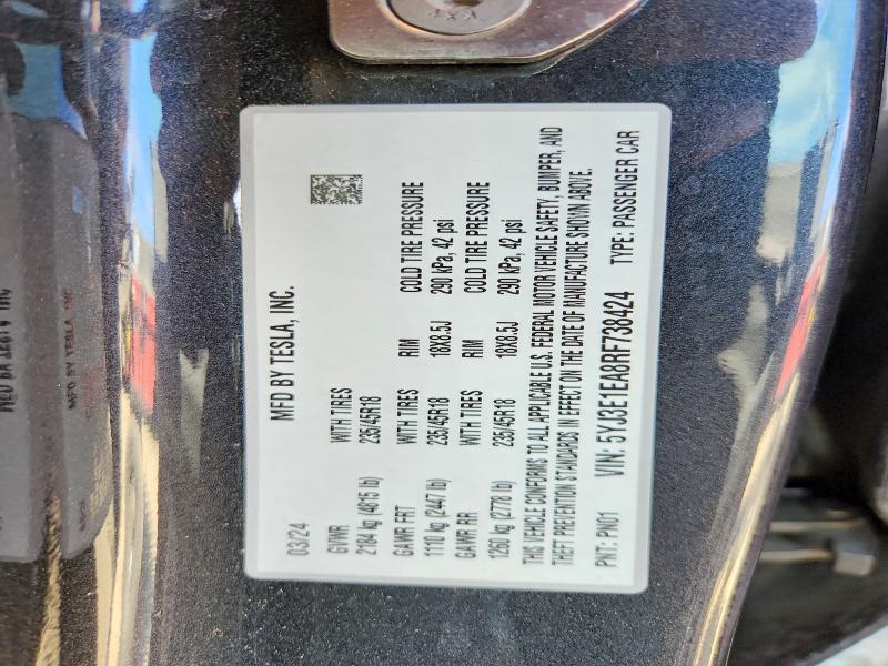 Aukcja sprzedaży 2024 Tesla Model 3, vin: 5YJ3E1EA8RF738424, numer aukcji: 50554216