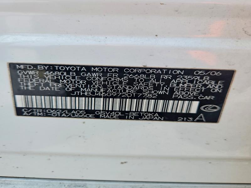 Aukcja sprzedaży 2007 Lexus Es 350, vin: JTHBJ46G972017782, numer aukcji: 50970976