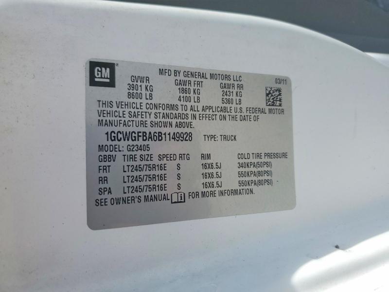 Продаж на аукціоні авто 2011 Chevrolet Express G2500, vin: 1GCWGFBA6B1149928, номер лоту: 50625446