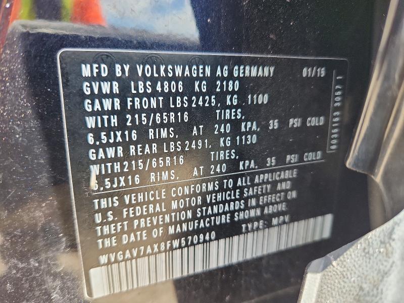 Продаж на аукціоні авто 2015 Volkswagen Tiguan, vin: WVGAV7AX8FW570940, номер лоту: 50846536