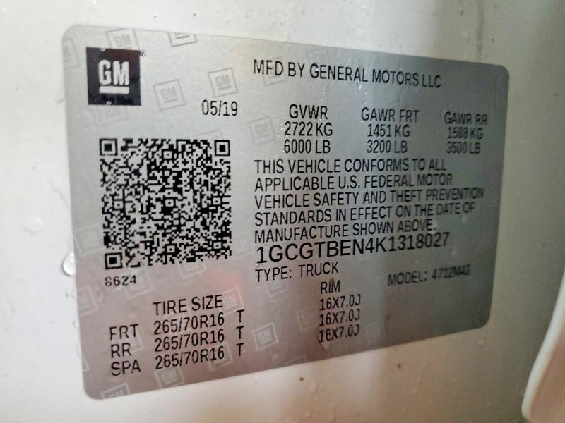 Auction sale of the 2019 Chevrolet Colorado, vin: 1GCGTBEN4K1318027, lot number: 48083796