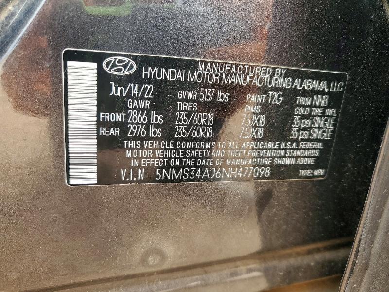 Продажа на аукционе авто 2022 Hyundai Santa Fe, vin: 5NMS34AJ6NH477098, номер лота: 52069746