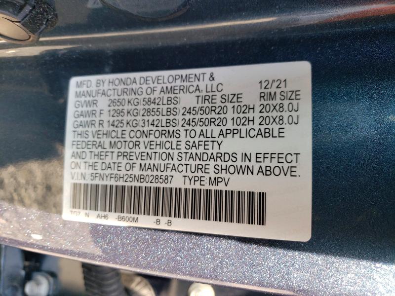 Продажа на аукционе авто 2022 Honda Pilot, vin: 5FNYF6H25NB028587, номер лота: 49306336
