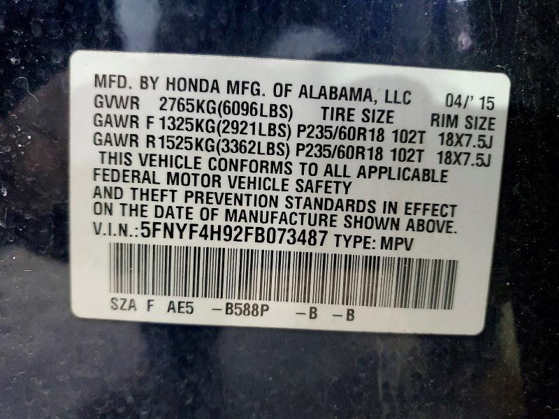 2015 Honda Pilot მანქანა იყიდება აუქციონზე, vin: 5FNYF4H92FB073487, აუქციონის ნომერი: 48927266