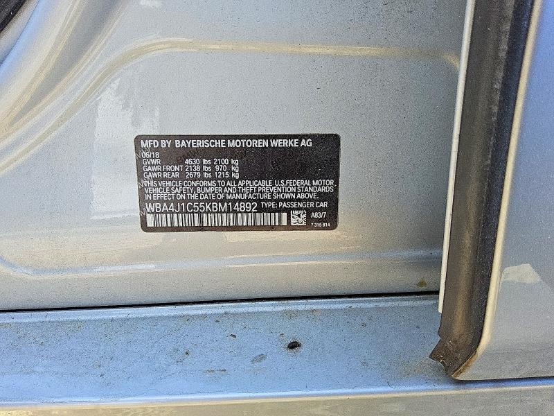 50685856 :رقم المزاد ، WBA4J1C55KBM14892 vin ، 2019 Bmw 430i مزاد بيع