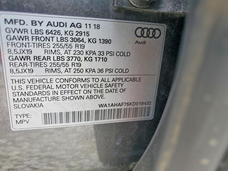Продаж на аукціоні авто 2019 Audi Q7, vin: WA1AHAF75KD019432, номер лоту: 51291916