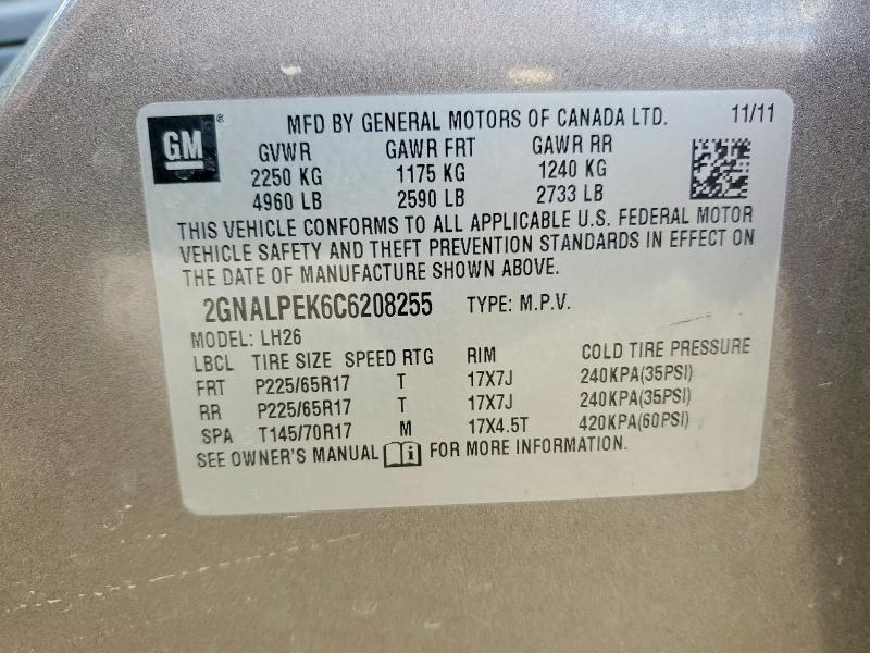 Aukcja sprzedaży 2012 Chevrolet Equinox, vin: 2GNALPEK6C6208255, numer aukcji: 51102406