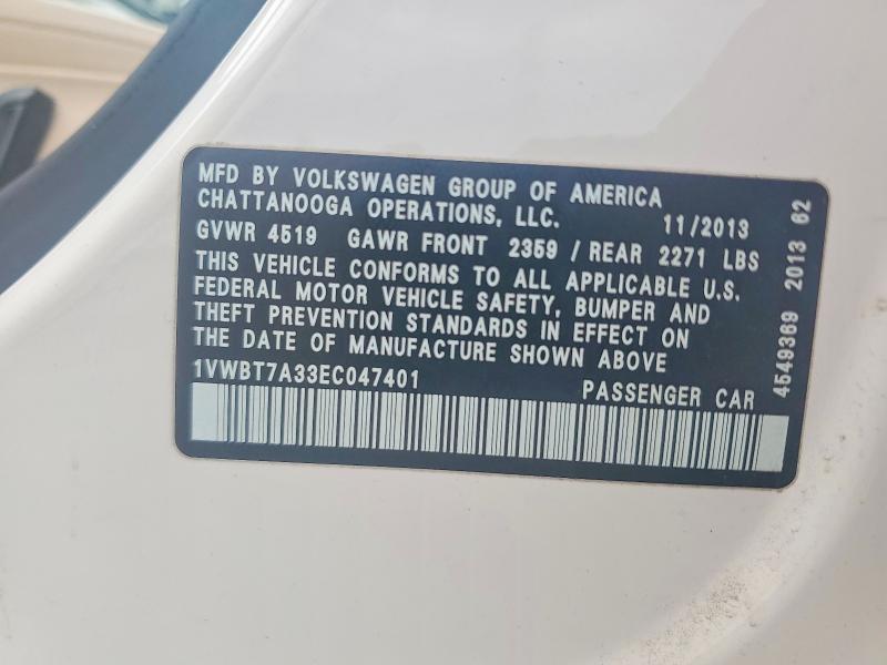 2014 Volkswagen Passat მანქანა იყიდება აუქციონზე, vin: 1VWBT7A33EC047401, აუქციონის ნომერი: 49510186