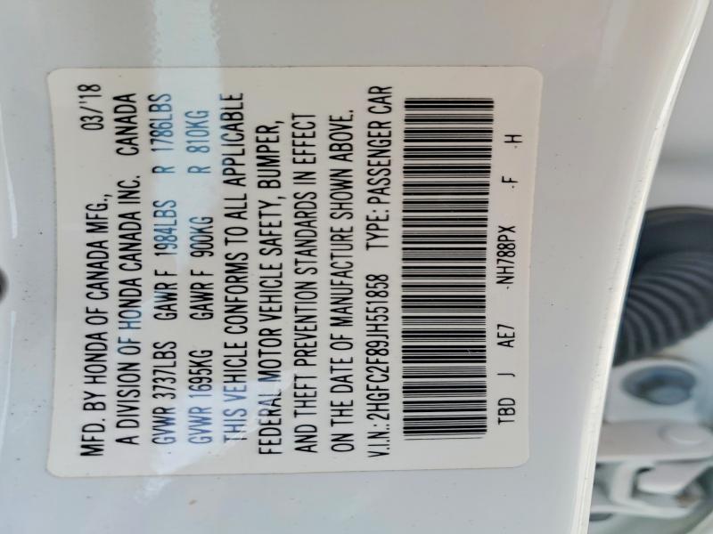 Продаж на аукціоні авто 2018 Honda Civic, vin: 2HGFC2F89JH551858, номер лоту: 48291556
