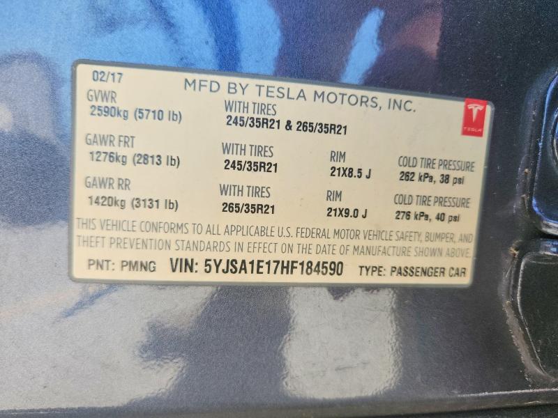 Продаж на аукціоні авто 2017 Tesla Model S, vin: 5YJSA1E17HF184590, номер лоту: 50063816