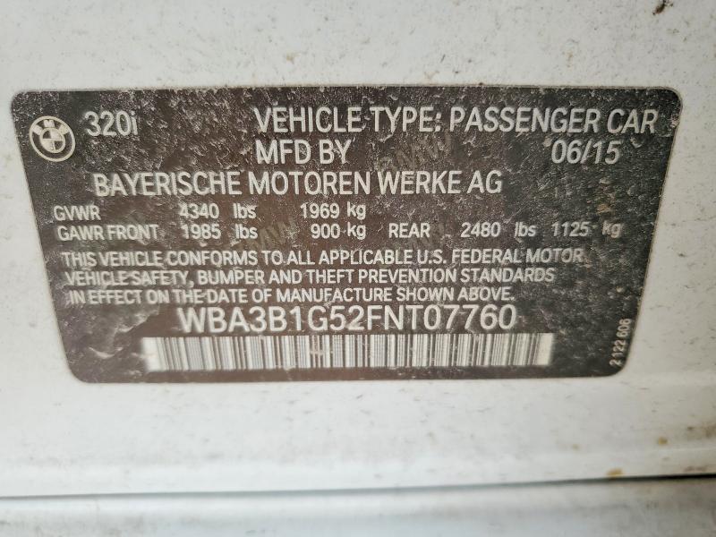Продажа на аукционе авто 2015 Bmw 320, vin: WBA3B1G52FNT07760, номер лота: 50120636
