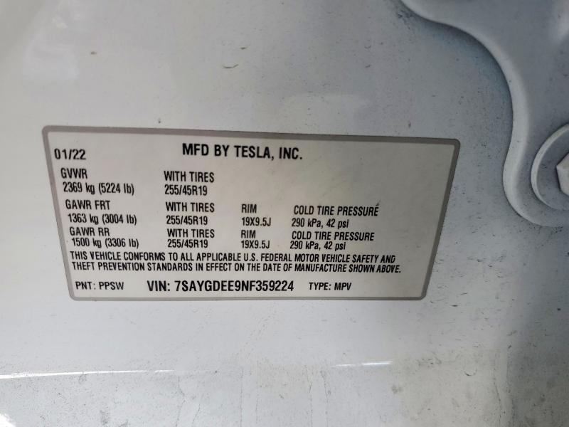 Aukcja sprzedaży 2022 Tesla Model Y, vin: 7SAYGDEE9NF359224, numer aukcji: 50328256