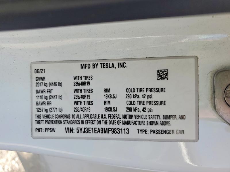 2021 Tesla Model 3 მანქანა იყიდება აუქციონზე, vin: 5YJ3E1EA9MF983113, აუქციონის ნომერი: 49491376