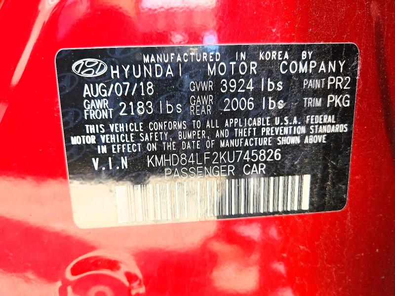 50369686 :رقم المزاد ، KMHD84LF2KU745826 vin ، 2019 Hyundai Elantra مزاد بيع