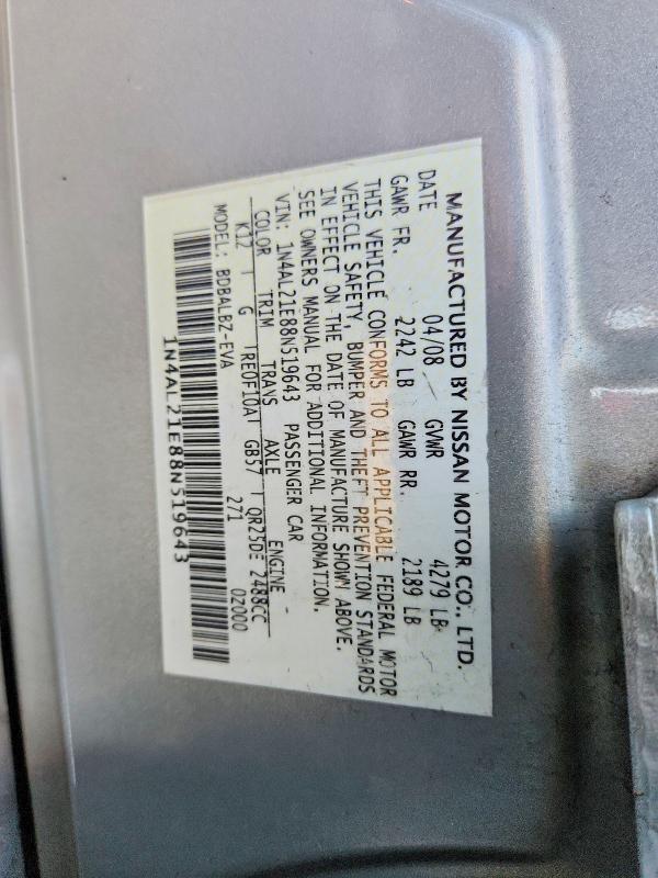 2008 Nissan Alitma მანქანა იყიდება აუქციონზე, vin: 1N4AL21E88N519643, აუქციონის ნომერი: 51525366